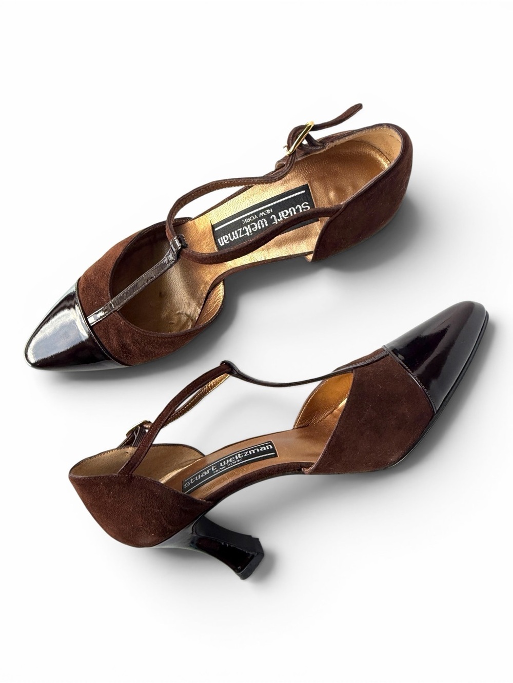 Stuart Weitzman Black Patent Cap Toe Brown Suede T-Strap Heels Vintage - Sz 4.5โ